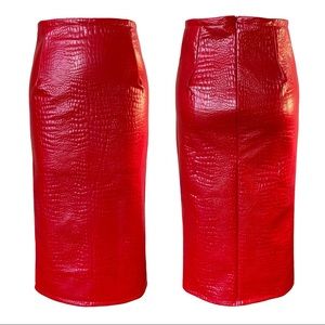 Handmade Red Croc Embossed Faux Leather High Waisted Pencil Skirt size 8